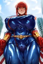 1girl 2026 2d absurd_res absurd_resolution absurdres ai_generated alternate_breast_size belt blue_bodysuit bodysuit braid braided_ponytail breasts cameltoe chainsaw_man cloud cosplay covered_navel covered_nipples from_below gloves hi_res high_quality high_resolution highres huge_breasts ichislop image looking_at_viewer makima_(chainsaw_man) orange_eyes outdoors red_gloves red_hair ringed_eyes shiny_clothes sidelocks skin_tight sky smile solo thick_thighs thighs uncensured yellow_eyes