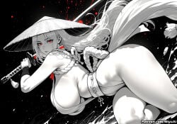 1girl ai_assisted ai_generated breasts curvaceous curvy curvy_female curvy_figure fatal_fury female greyscale hat huge_breasts katana long_hair looking_at_viewer mai_shiranui miyuai red_eyes rope sideboob solo sword the_king_of_fighters thick thick_ass thick_butt thick_hips thick_legs thick_thighs thighs umbrella voluptuous voluptuous_female weapon wide_hips wide_thighs