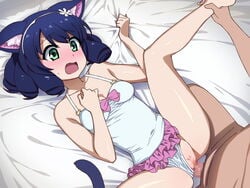 1boy animal_ears black_hair blush breasts cat_ears cat_tail censored clothing cyan_(show_by_rock!!) female green_eyes leg_grab male one-piece_swimsuit open_mouth panties panties_aside penetration penis pussy sex short_hair show_by_rock!! silver_meteor skirt skirt_lift spread_legs swimsuit swimsuit_aside tail vaginal_penetration