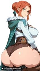 1girl ai_generated artist_name ass bangs blizzard_entertainment boots braid breasts cape cloak covered_nipples freckles freja_(overwatch) gloves green_eyes hair_bun hair_ribbon hood hood_down large_breasts looking_at_viewer looking_back overwatch overwatch_2 patreon pouch questionable ribbon seiza senpai_pixels sensitive shorts simple_background single_hair_bun sitting smile solo thigh_boots thighhighs thighs white_background