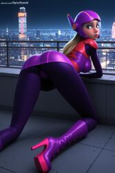 1girl ai_generated ass bent_over big_hero_6 blue_eyes bodysuit boots breasts building city cityscape hi_res high_heel_boots high_heels high_quality high_resolution honey_lemon lips long_hair looking_at_viewer looking_back makeup medium_breasts patreon patreon_username purple_bodysuit seductive sexy skyscraper solo spicytoonai uncensored watermark web_address