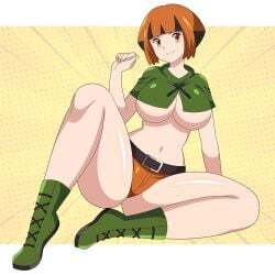 1girl abyss162 breasts curvy feet_together female gardenia_(pokemon) huge_ass huge_breasts legs_apart narrow_waist one_arm_up pokemon pokemon_dppt sitting smile solo thick_thighs underboob voluptuous wide_hips