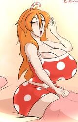 2022 2d 2d_(artwork) absurd_res artist_name bare_shoulders bed bedroom blush borrowed_character camisole candy_cane closed_eyes davidsanchan english_commentary gerph huge_breasts indoors long_hair messy_hair midriff open_mouth orange_hair original original_character polka_dot red_camisole red_underwear simple_background spaghetti_strap thick_thighs waking_up wide_hips yawning