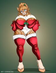 2016 anthro big_breasts blue_eyes blush breasts cervine christmas cleavage clothed clothing deer demona69 eyewear female glasses holidays hooves legwear looking_at_viewer mammal navel pussy skimpy solo stockings