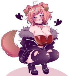 1female 1girl 1girls anniepants02 big_breasts bimbo blush boobs breasts choker clothed clothing collarbone corset digital_drawing_(artwork) digital_media_(artwork) dog_ears dog_girl dog_tail eyebrows female female_focus female_only heart_symbol heels heterochromia indie_virtual_youtuber jacket light-skinned_female light_skin lips looking_at_viewer necklace pantyhose pink_hair short_skirt shortstack smile smiling smiling_at_viewer squatting stiletto_heels tail teeth thick_thighs thighs torn_pantyhose virtual_youtuber vtuber vtuberfanart