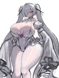 1girls arms_at_sides bare_shoulders breasts bright_pupils cinderella_(nikke) closed_mouth collar collarbone cosplay covered_navel curvy detached_sleeves feet_out_of_frame frilled_leotard frills goddess_of_victory:_nikke grey_hair hair_between_eyes hair_over_one_eye halterneck huge_breasts juliet_sleeves leotard liberalio_(nikke) long_hair long_sleeves looking_at_viewer one_eye_covered pantyhose puffy_sleeves red_eyes simple_background sketch sleeves_past_fingers sleeves_past_wrists solo standing thick thighs twintails very_long_hair white_background white_collar white_leotard white_pantyhose white_pupils wide_hips wide_sleeves