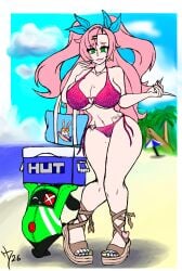 bangboo_(zenless_zone_zero) beach bikini green_eyes hollardude makeup mole_on_breast mole_on_thigh mole_under_eye nicole_demara painted_toenails pink_hair sandals self_upload smug tattoo twintails zenless_zone_zero