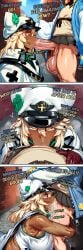 1boy 1girl 2026 2d 3koma absurd_res absurd_resolution absurdres ai_generated black_skirt blonde_hair breasts bridget_(guilty_gear) clover comic dark-skinned_female dark_skin deepthroat english_text erection fellatio fingerless_gloves four-leaf_clover futanari gloves guilty_gear hat hetero hi_res high_quality high_resolution highres hood hooded_jacket ichislop image irrumatio jacket large_breasts large_penis long_hair oral otoko_no_ko penis pleated_skirt ramlethal_valentine skirt stealth_sex testicles uncensored uncensured veins veiny_penis white_headwear