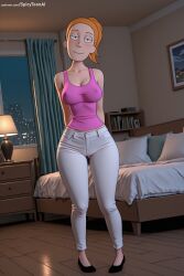 1girl ai_generated bed breasts cleavage denim hi_res high_quality high_resolution indoors jeans large_breasts pants patreon pillow ponytail seductive sexy smile solo spicytoonai summer_smith uncensored watermark