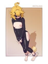 1girls ahoge ankle_cuffs barefoot black_bodysuit blindfold blindfolded blonde_hair crestfallen163 dokibird dragoon_(dokibird) handcuffs handprint_on_ass indie_virtual_youtuber small_breasts vtuber