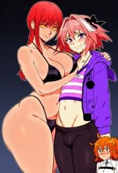 1boy 1girl ai_generated astolfo_(fate) big_breasts breasts bulge chainsaw_man fate/grand_order fate_(series) femboy femboy_on_female fujimaru_ritsuka_(female) looking_at_viewer makima_(chainsaw_man) smile thick_thighs wide_hips