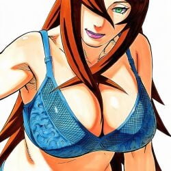 1:1 1girls 2d accurate_art_style accurate_body_type ai_generated arm_at_side armpits auburn_hair bare_arms bare_shoulders big_breasts blue_bra blue_panties bra bra_strap breasts brown_hair busty cel_shading cleavage close-up clothing collarbone covered_breasts covered_nipples eyelashes facing_viewer female female_focus female_only full_color green_eyes hair_over_one_eye head_tilt high_resolution highres lace lace-trimmed_bra lace_trim large_breasts leaning_forward light-skinned_female light_skin line_art lineart lingerie lingerie_bra lipstick looking_at_viewer makeup manga_style masashi_kishimoto_style mature_female mei_terumi naruto naruto_(series) naruto_shippuden official_style one_eye_covered panties parted_lips purple_lips purple_lipstick shiny_clothes shiny_skin simple_background smile soft_shading solo solo_female solo_focus standing thin_eyebrows three-quarter_view underwear upper_body very_long_hair waifu white_background
