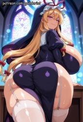 1girl ai_generated arched_back ass ass_focus bent_over bokeh_background church cleavage curvy gaddariat garter_straps huge_breasts looking_back low_angle nun_dress patreon seductive_smile skindentation slim_waist soft_lighting solo thighhighs tight_clothes touhou yakumo_yukari yukari_yakumo