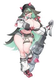 black_hair black_headwear blush blush_stickers cap character_request cleavage full_body green_hair green_nails holding_weapon huge_ass kanabou leg_warmers multicolored_hair one_eye_closed oni oni_horns open_mouth single_glove smile sneakers streaked_hair thick_thighs upper_teeth upper_teeth_only v very_long_hair wide_hips yabby