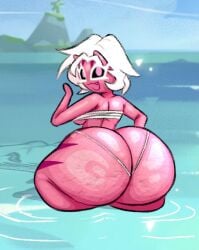 ass ass_focus big_ass cookie_run doopie huge_ass looking_at_viewer looking_back lychee_dragon_cookie ocean pink_body swimwear tagme water white_hair