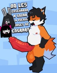 1femboy 2boys anthro balls big_balls big_penis black_hair brandfinn-furry_(just_brandfinn) chubby chubby_male focus_on_penis fox lagomorph male male_only massive_penis nottpinataland oc orange_fur original_character penis text wolf