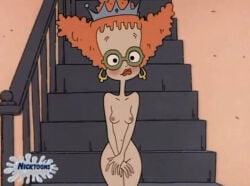 1990s_(style) 1girl blushing boobs covering_crotch didi_pickles edit edited edited_official_artwork female_focus female_only ginger_hair gold_earrings green_glasses logo lowres nickelodeon nicktoons nipples nude nude_female red_lipstick rugrats screenshot screenshot_edit solo_female