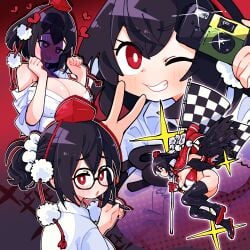 1girls big_breasts black_hair cleavage glasses gram_9 heart heart-shaped_pupils heart_symbol horny_female huge_breasts imminent_sex lustful_gaze peace_sign penis_awe penis_shadow race_queen red_eyes shameimaru_aya tengu thick_thighs thigh_highs thighhighs thighs tokin_hat touhou touhou_project white_shirt wings