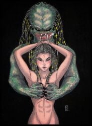 1boy 1girls abs alien big_breasts black_hair breasts female interspecies krisstenredfox machiko_noguchi male nude predator_(franchise) traditional_media_(artwork) xenophilia yautja
