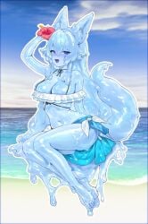 1girl 1girls absurdres animal_ears astraline beach big_breasts bikini blue_eyes blue_hair blue_sky blush breasts cleavage colored_tongue feet female flower frilled_bikini frills hair_between_eyes hair_flower hair_ornament highres large_breasts legs long_hair looking_at_viewer lumi_(merryweather) mila_(milaart12) monster_girl navel open_mouth purple_tongue red_flower sky slime_(substance) slime_girl solo swimsuit tail thighs tits virtual_youtuber vtuber water white_bikini wolf_ears wolf_girl wolf_tail