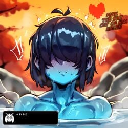 ! !! 1other 2026 2d absurd_res absurd_resolution absurdres ai_generated androgynous antenna_hair bathing black_hair blue_skin blush closed_mouth collarbone colored_skin deltarune english_text hair_over_eyes heart hi_res high_quality high_resolution highres ichislop image kris_(deltarune) nude onsen orange_background outdoors partially_submerged patreon patreon_username ralsei short_hair solo steam tree uncensured water watermark wet wet_hair
