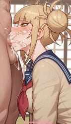 1boy 1girl 2026 ai_generated artist_name blonde_hair blue_sailor_collar blunt_bangs blush clothed_female_nude_male cum cum_in_mouth double_bun hair_bun hetero hi_res high_quality highres himiko_toga my_hero_academia neckerchief nude patreon patreon_username pinkname red_neckerchief sailor_collar school_uniform serafuku sweat watermark