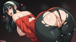 1girl ai_generated anus ass bare_shoulders bent_over black_hair black_panties black_pantyhose blush boobs breasts breasts_out clothing_aside dress earrings explicit from_behind hairband heart huge_ass huge_breasts jewelry juswa large_ass large_breasts long_hair looking_at_viewer looking_back nipples off_shoulder open_mouth panties panties_aside pantyhose patreon_username pussy red_eyes red_sweater sidelocks smile solo spikes sweater teeth thicc thick_thighs thighs torn_clothes torn_pantyhose uncensored underwear white_hairband yor_briar