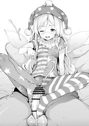 1boy american_flag american_flag_legwear american_flag_shirt bar_censor censored clownpiece cum ejaculation fairy_wings female footjob footjob_with_legwear greyscale hat jester_cap long_hair monochrome neck_ruff one_eye_closed pantyhose penis polka_dot satetsu shirt short_sleeves solo_focus star star_print straight striped touhou wings