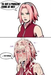 ai_generated angry angry_face bukkake cum cum_in_mouth cum_on_body cum_on_breasts cum_on_face cum_on_hair green_eyes naruto naruto_(series) naruto_shippuden pink_hair sakura_haruno tagme text