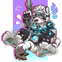 1:1 2026 anthro black_bodysuit black_clothing black_skinsuit blue_eyes blue_fluid blush bodysuit boooox bulge chibi clothing cuff_(restraint) dirty dirty_clothing dirty_socks eyewear facial_piercing felid footwear fur goggles grey_clothing grey_footwear grey_socks handcuffed handcuffed_to_pole handcuffs hi_res jacket male mammal metal_cuffs muscular muscular_anthro muscular_male nipple_fetish nipple_outline nipple_pinch nipple_play nose_piercing nose_ring one_eye_closed pantherine pecs piercing pinch pole restraints ring_piercing septum_piercing septum_ring skinsuit sock_in_mouth socks solo striped_body striped_fur stripes tail tiger tight_clothing topwear white_body white_clothing white_footwear white_fur white_jacket white_socks white_topwear