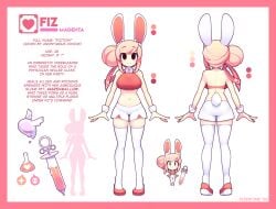 1girls animal_ears artist_name black_eyes border character_name character_profile character_sheet crop_top fiz fizintine hair_bun large_breasts looking_at_viewer midriff navel original pink_border pink_hair rabbit_ears rabbit_tail short_hair shorts simple_background smile tail white_background wrist_cuffs