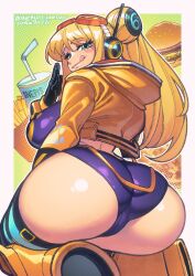 :q ass blonde_hair burger freckles french_fries gofa green_eyes huge_ass large_breasts long_hair looking_at_viewer looking_back one_piece smile soda thick_thighs thighs tongue vegapunk_york york_(one_piece)