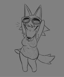 animal_crossing anthro arms_behind_head audie_(animal_crossing) big_breasts breasts eyes_closed female fur nintendo solo sunglasses sunglasses_on_head video_games wide_hips wolf wrandomwriot