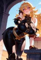 1girl 1girls ahoge ai_generated arm_support balecxi bare_shoulders belt black_gloves black_pantyhose black_skirt blonde_hair blue_sky blush boots breasts clothing curvaceous curvaceous_female curvaceous_figure curvy curvy_figure day detached_sleeves earrings female female_focus gloves grin hair_between_eyes half-closed_eyes heart-shaped_pupils huge_breasts jewelry knee_boots large_breasts leaning_forward lips long_hair looking_at_viewer military_uniform outdoors pantyhose parted_lips purple_eyes rwby seductive_smile sky sleeveless sleeves_rolled_up smile solo symbol-shaped_pupils thick_thighs thighs uniform voluptuous voluptuous_female wavy_hair wide_hips yang_xiao_long