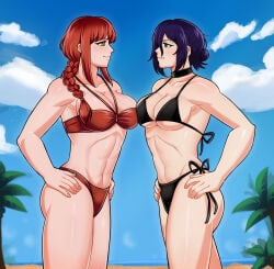 2girls chainsaw_man makima_(chainsaw_man) purple_hair red_hair reze_(chainsaw_man) swimsuit