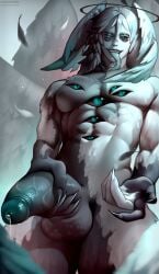 1boy 2026 angel angel_boy balls biblically_accurate_angel big_penis black_body black_sclera eyes_on_body feather_hair feathered_wings feathers green_eyes halo head_wings hi_res hotaru_sen looking_at_viewer male male_only multi_eye naughty_face nude nude_male penis penis_grab precum sharp_fingernails slit_pupils smiling smiling_at_viewer solo tongue_out two-tone_body two-tone_hair white_body wings
