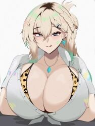 1girls absurdres animal_print arms_under_breasts blonde_hair blush bra braid braided_bangs breasts cleavage earrings edelweiss17701 female hair_ornament highres huge_breasts jewelry leopard_print leopard_print_bra licking_lips lynae_(wuthering_waves) multicolored_eyes naughty_face necklace print_bra skindentation skull_hair_ornament solo star_(symbol) star_earrings tongue tongue_out underwear upper_body wuthering_waves