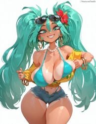 1girl ai_generated aqua_bikini aqua_eyes aqua_hair aqua_nails bikini bikini_tan blue_bikini bracelet brazilian_miku breasts cleavage curvy cutoffs denim denim_shorts earrings flower fresk0n hair_between_eyes hair_flower hair_ornament hatsune_miku hoop_earrings huge_breasts jewelry long_hair looking_at_viewer navel necklace off_shoulder patreon_username shirt short_shorts shorts simple_background smile solo sunglasses swimsuit tan tanlines teeth thick_thighs thigh_gap thighs twintails very_long_hair vocaloid white_background wide_hips