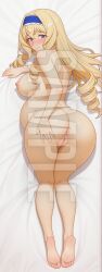 1girls ai_generated anus ass ass_focus blonde_hair blue_eyes blush breasts cecilia_alcott dakimakura embarrassed female full_body hand_on_ass hi_res high_resolution highres infinite_stratos looking_at_viewer looking_back lying lying_on_stomach naked patreon pregnant pussy sleeplessnighty solo solo_focus tagme watermark