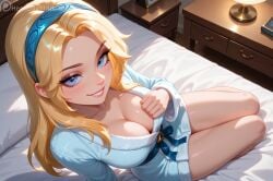 1girls ai_generated bathrobe bed blonde_hair blue_eyes blue_hairband breasts cleavage from_above grin hairband heavenly_art large_breasts league_of_legends long_hair looking_at_viewer luxanna_crownguard riot_games sitting teasing_viewer