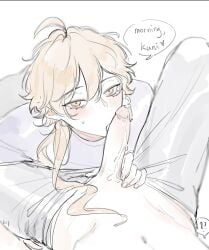 aether_(genshin_impact) blowjob blowjob_focus blush blushing cum_drip dick gay genshin_impact hard_cock hard_on liann1009 male/male male_focus male_pov precum scaramouche_(genshin_impact) shy sucking sucking_tip wanderer_(genshin_impact)