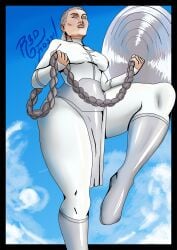 1girl 2d 2d_(artwork) big_ass blue_eyes clothed female_only from_below gilf grey_hair invincible invincible_(tv_series) light-skinned_female older_female r3dfossil small_breasts solo thick_thighs thula very_long_hair very_long_ponytail viltrumite