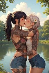 2_girls ai_generated ai_voice_acted animated black_hair blush closed_eyes daytime denim_shorts ear_piercing female_only flower_in_hair forest_background fully_clothed happy_couple height_difference kissing lakeside light_skinned_female loving_it navel no_nudity outdoors passionate ponytail romantic_ambiance short_hair silver_hair tagme tank_top tattoo tattoo_on_belly tattoo_on_legs tattoo_on_neck tattooed_arm video wholesome wife_and_wife yuri