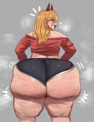 ass blonde_hair brown_eyes cellulite chainsaw_man fat_ass female female_only grey_background grin horns huge_ass long_hair looking_at_viewer looking_back massive_ass power_(chainsaw_man) red_shirt scunnerturn sharp_teeth short_shorts shorts simple_background smile steam thick thick_ass thick_thighs wide_hips