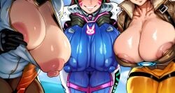 2026 2d 3girls absurd_res absurd_resolution absurdres ai_generated alternate_breast_size animal_print bodysuit breast_focus breasts breasts_out brown_hair cameltoe cleavage collarbone covered_nipples d.va_(overwatch) facial_mark freckles gloves grin head_out_of_frame hi_res high_collar high_quality high_resolution highres huge_breasts huge_nipples ichislop image jacket large_areolae large_breasts leaning_forward mercy_(overwatch) multiple_girls nipple_slip nipples one_breast_out open_clothes orange_bodysuit overwatch overwatch_2 pilot_suit puffy_nipples ribbed_bodysuit skin_tight smile thigh_gap tracer_(overwatch) uncensured whisker_markings