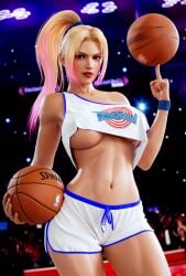 1girls 3d abs absurd_res arena basketball basketball_court basketball_jersey basketball_shorts basketball_uniform blender blonde_hair blue_eyes breasts cosplay crossover curvy curvy_figure dead_or_alive enslaverofhumanity hi_res large_filesize lola_bunny lola_bunny_(cosplay) looney_tunes makeup midriff multicolored_hair nba ninja_gaiden pink_hair pose rachel_(ninja_gaiden) shorts solo space_jam spinning spinning_ball stadium tank_top tank_top_lift tecmo thick_thighs thighs tunesquad underboob warner_brothers wristband