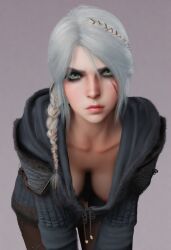 1girls ai_generated braid cd_projekt_red ciri female freckles freckles_on_face green_eyes light-skinned_female light_skin looking_at_viewer mascara scar solo solo_female the_witcher_(series) the_witcher_4 white_hair