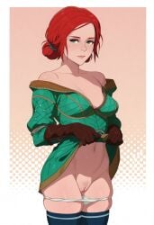 1girls ai_generated cd_projekt_red female freckles freckles_on_face green_dress light-skinned_female light_skin looking_at_viewer mascara panties_down presenting_pussy pubic_hair pussy red_hair solo solo_female the_witcher_(series) the_witcher_3:_wild_hunt triss_merigold