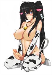 1futa animal_print black_hair blue_eyes blush breasts cow_girl cow_print cow_tail cowbell elzikyuchi erection futa_only futanari glasses intersex large_breasts penis solo solo_futa testicles thighhighs uncensored veins veiny_penis