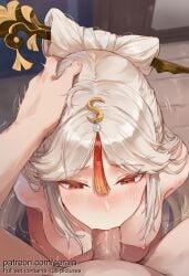 1boy 1girl 2026 ai_generated blush breasts censored completely_nude erection fellatio from_above genshin_impact hair_ornament hair_stick hairpin half-closed_eyes hand_on_another's_head hetero highres kneeling long_hair medium_breasts ningguang_(genshin_impact) nipples nsfw nude oral parted_bangs penis pov pov_crotch red_eyes serain solo_focus tassel tassel_hair_ornament trembling uncensored white_hair